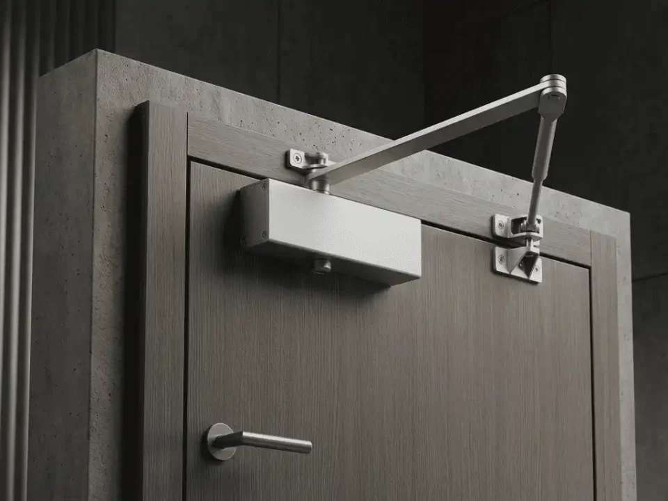 A sleek, silver surface-mounted door closer with a mechanical arm is installed at the top of a modern wood-textured door set within a concrete wall.
