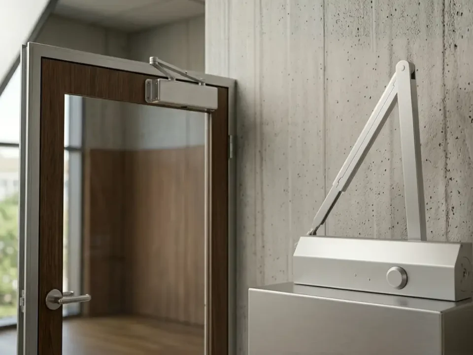 The image features a close-up of a silver, EN1154 adjustable 2026 Series Square Door Closer displayed on a metallic pedestal in the foreground, with an identical unit shown mounted on a glass and wood-frame door in the background.