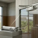 La imagen muestra un cierrapuertas de la serie OUBAO 100, exhibiendo su mecanismo interno de cilindro metálico sobre un pedestal en primer plano, con líneas de diagrama blancas conectándolo a la unidad plateada completamente ensamblada montada en una puerta de vidrio en el fondo.