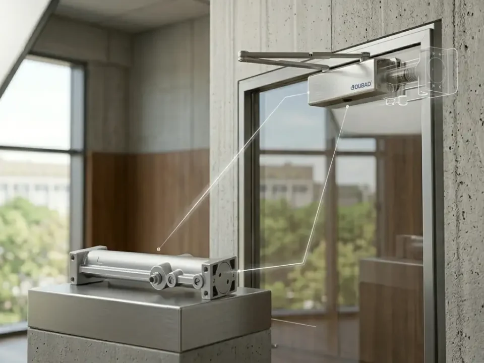 The image showcases an OUBAO 100 Series Door Closer, displaying its internal metallic cylinder mechanism on a pedestal in the foreground, with white diagram lines connecting it to the fully assembled silver unit mounted on a glass door in the background.