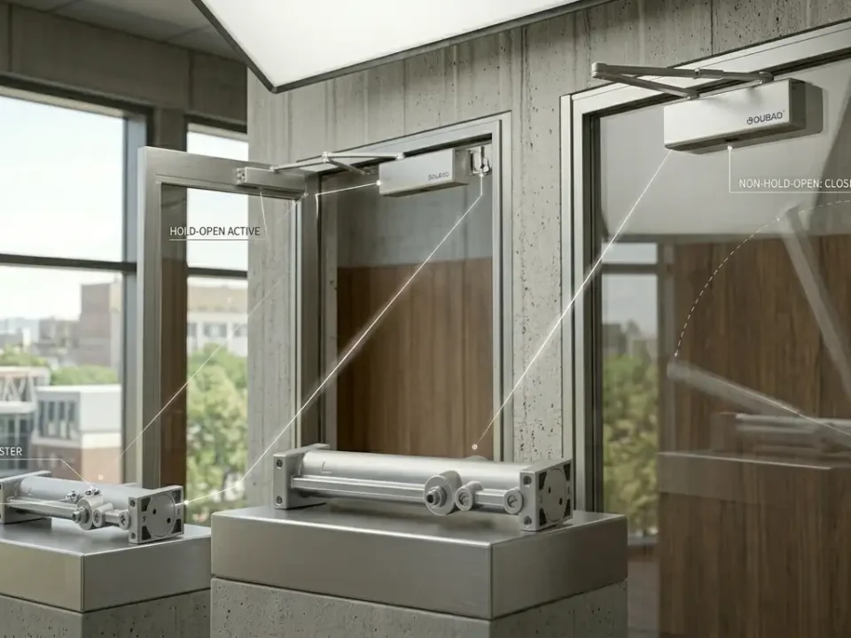 This image displays the OUBAO 9016 Adjustable Power Multi-Function Door Closer series, featuring internal cylinders on foreground pedestals linked to identical silver units demonstrating a "hold-open active" function on a propped door and a "non-hold-open: closing" function on a moving glass door.