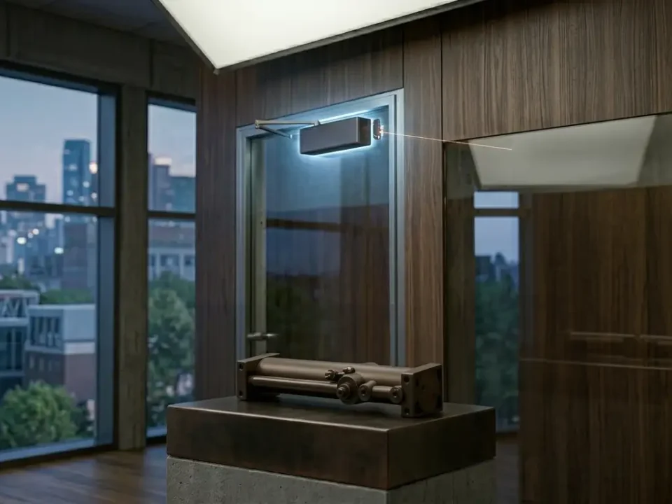 The image is a fire rated door closer, showcasing its internal hydraulic power mechanism on a foreground pedestal with indicator lines labeling the spring tension adjuster and closing speed valve, while the fully assembled dark metallic unit is mounted on a glass door in the background.
