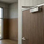 This image shows a close-up of a dark wood-grained door equipped with a metallic hydraulic door closer at the top and a matching lever handle, installed within a textured concrete wall looking out into a modern office interior.