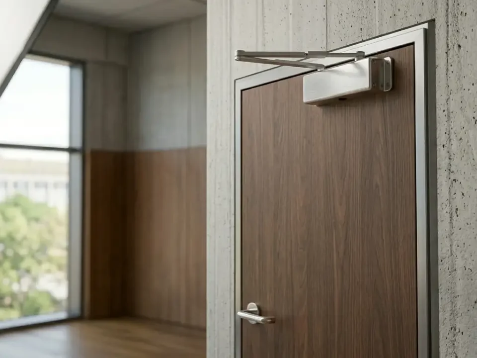 This image shows a close-up of a dark wood-grained door equipped with a metallic hydraulic door closer at the top and a matching lever handle, installed within a textured concrete wall looking out into a modern office interior.