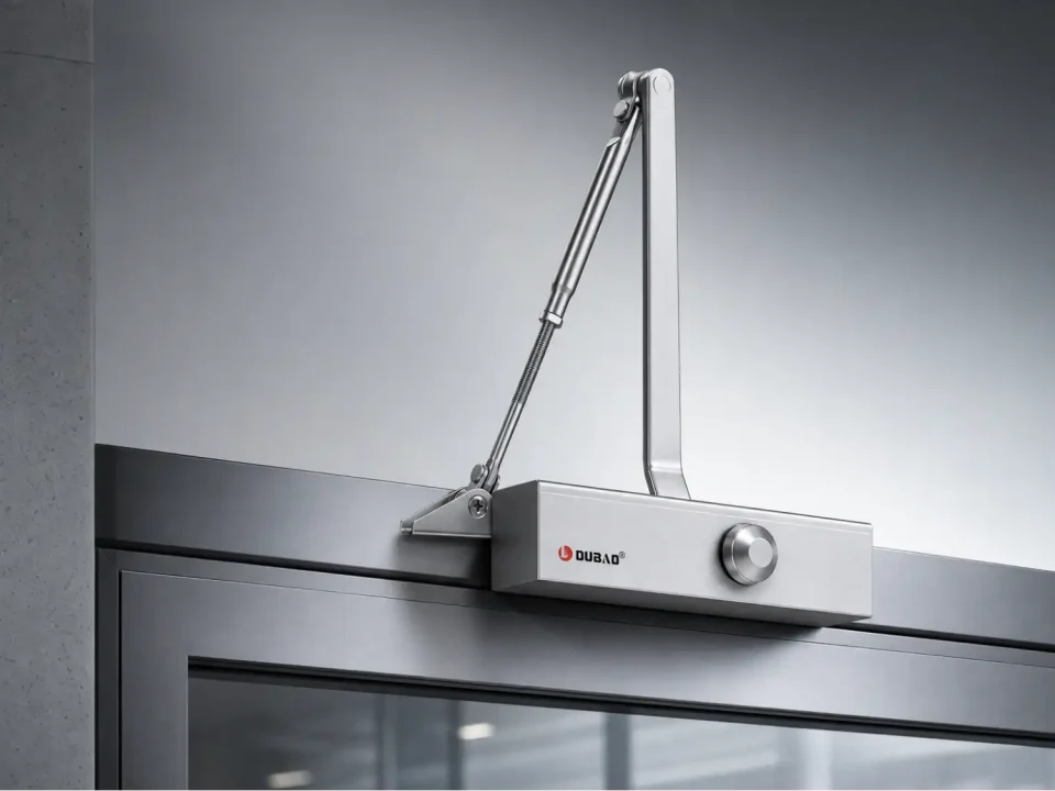 The image shows a close-up of a silver OUBAO brand hydraulic door closer mounted to the top frame of a modern, metallic glass door.