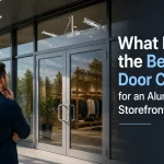 Melhor fechadura de porta para uma porta de loja de alumínio instalada em uma entrada de vidro comercial com opções de fechadura de porta montada na superfície e embutida.