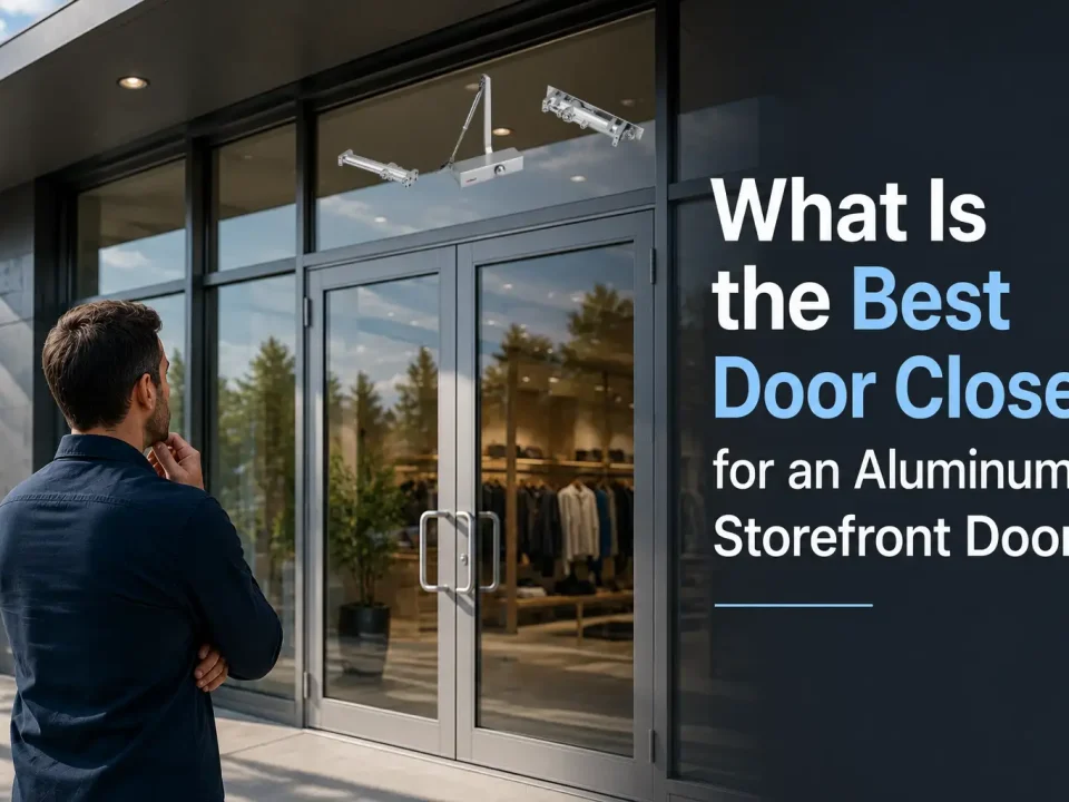 Best door closer for an aluminum storefront door installed on a commercial glass entrance with surface-mounted and concealed door closer options.