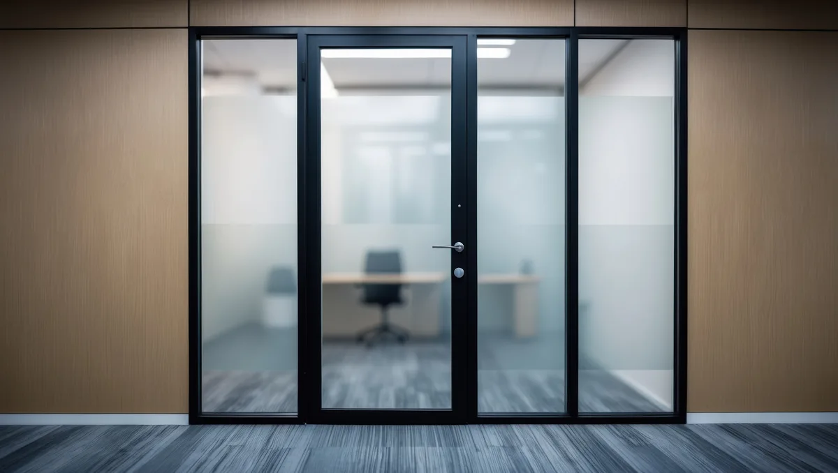 Frameless glass door lobby in modern commercial building, electric bolt lock installed in frame