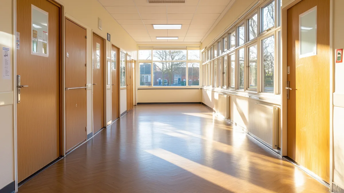 School campus corridor entrance with card reader and electric access control