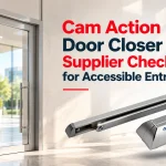 Text overlay reading Cam Action Door Closer Supplier Checklist for Accessible Entrances beside a silver door closer mechanism, with a glass door and plant in the background.