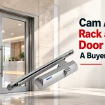 Silver door closer beside glass double doors in a bright lobby, with red and black comparison title text.