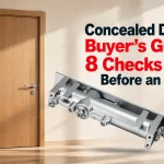 Silver concealed door closer mechanism beside a wooden door in a bright room, with red and black buyer's guide text overlay.