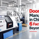 Factory floor with white CNC machines labeled HCL 300 and red, black, and gray text reading Door Closer Manufacturer in China: 6 Factory Checks Beyond Unit Price.