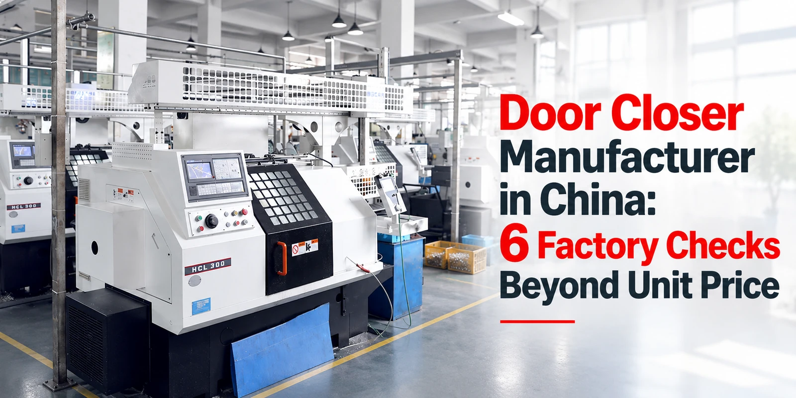 Factory floor with white CNC machines labeled HCL 300 and red, black, and gray text reading Door Closer Manufacturer in China: 6 Factory Checks Beyond Unit Price.
