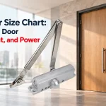 Silver door closer with articulated arm shown in the foreground, with a wooden double door, potted plant, and bright lobby in the background under text reading Door Closer Size Chart.