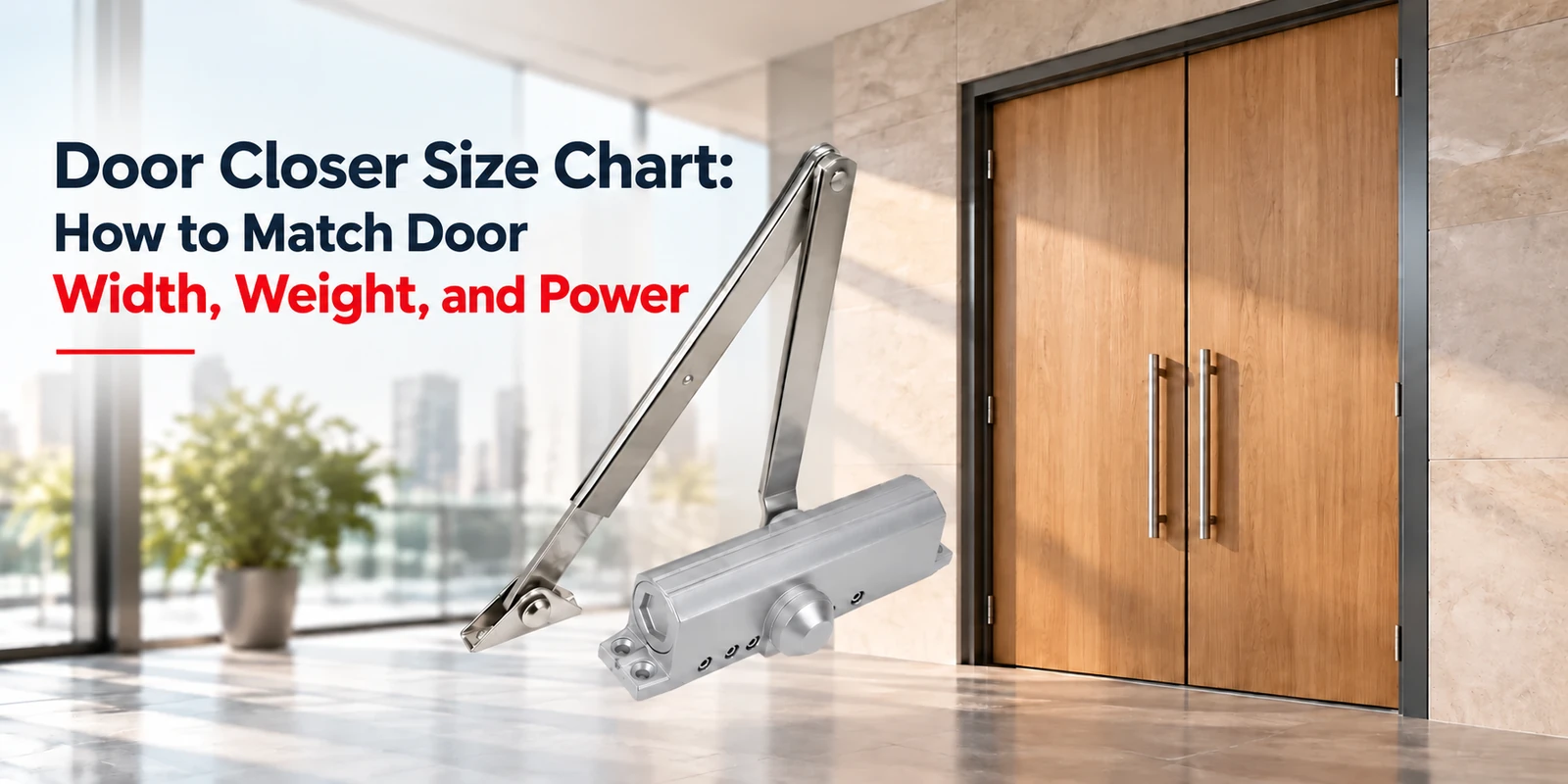 Silver door closer with articulated arm shown in the foreground, with a wooden double door, potted plant, and bright lobby in the background under text reading Door Closer Size Chart.