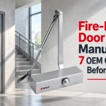 A silver door closer with an articulated arm hovering before a gray fire-rated door and stairwell, beside red and black text reading Fire-Rated Door Closer Manufacturer: 7 OEM Quality Checks Before Bulk Orders.