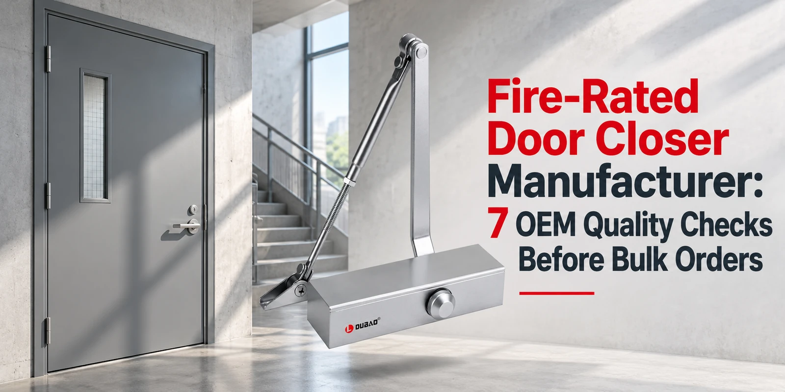 A silver door closer with an articulated arm hovering before a gray fire-rated door and stairwell, beside red and black text reading Fire-Rated Door Closer Manufacturer: 7 OEM Quality Checks Before Bulk Orders.