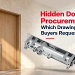 Silver concealed door closer mechanism floating in front of wooden double doors beside red and navy headline text, with an office interior in the background.