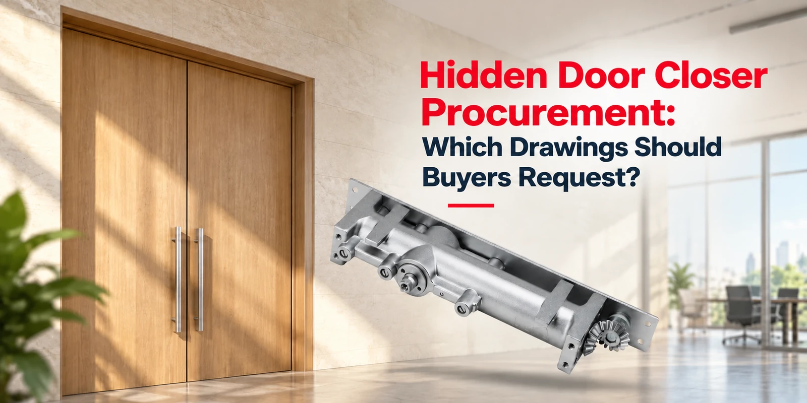 Silver concealed door closer mechanism floating in front of wooden double doors beside red and navy headline text, with an office interior in the background.