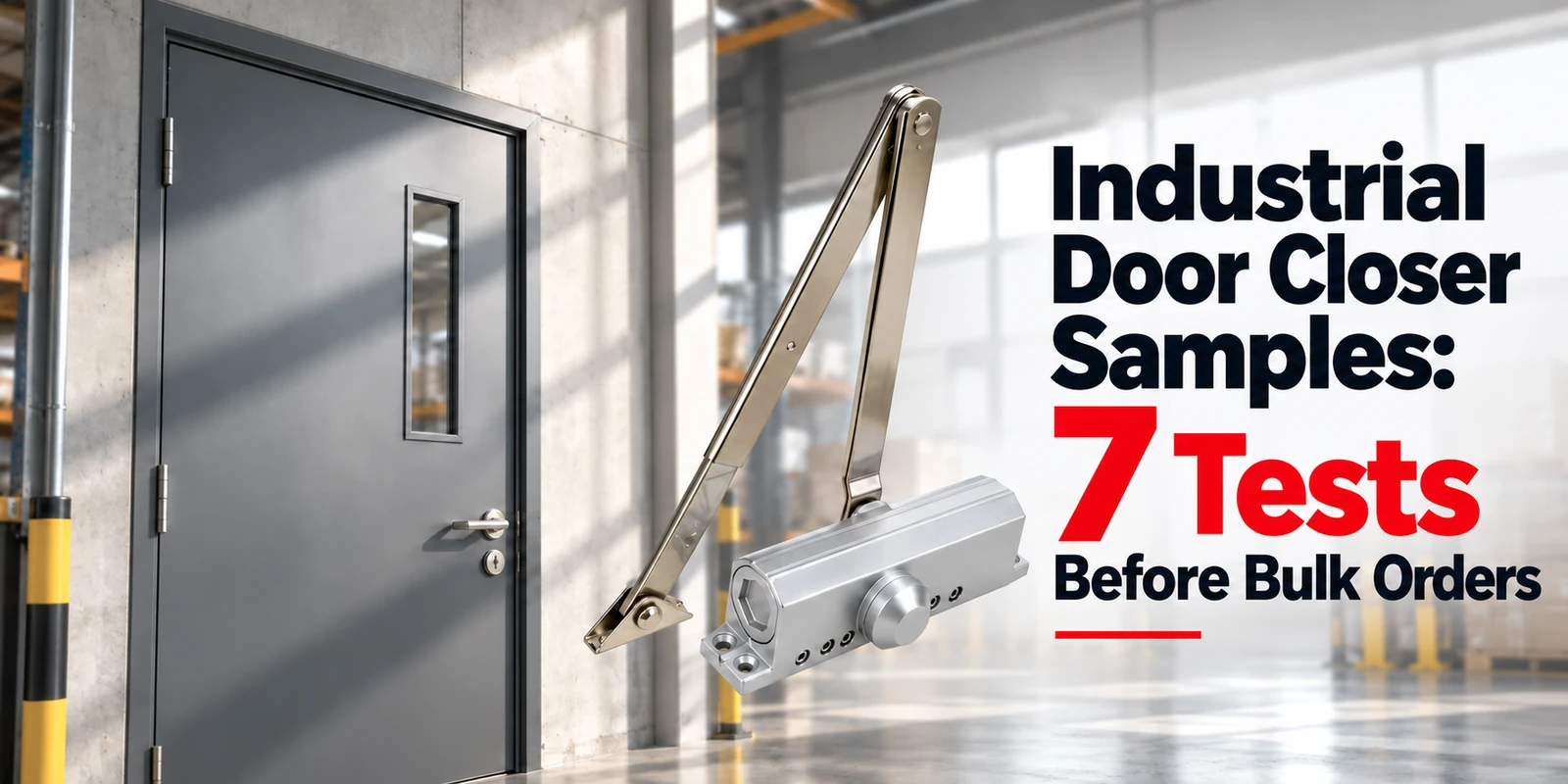 Silver door closer with articulated arm beside a gray industrial door, with bold text reading Industrial Door Closer Samples: 7 Tests Before Bulk Orders.