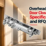 A silver door closer mechanism floats in front of a hotel hallway with a wooden door marked 408, alongside text reading Overhead Concealed Door Closer for Hotels: Specification and RFQ Guide.