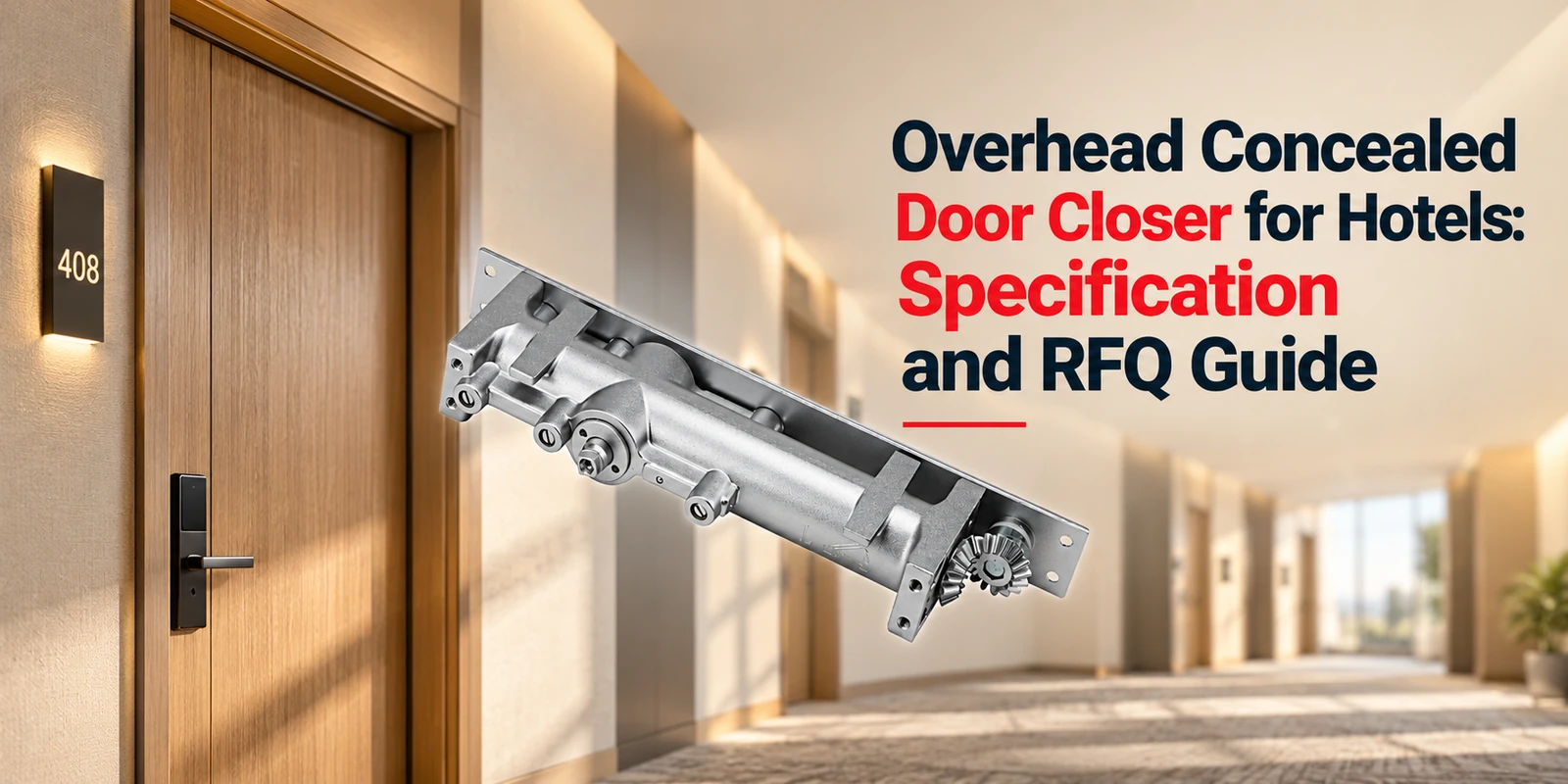 A silver door closer mechanism floats in front of a hotel hallway with a wooden door marked 408, alongside text reading Overhead Concealed Door Closer for Hotels: Specification and RFQ Guide.