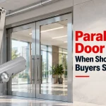 Large silver parallel arm door closer shown in front of glass commercial double doors, with red and black headline text reading Parallel Arm Door Closer: When Should Commercial Buyers Specify It?