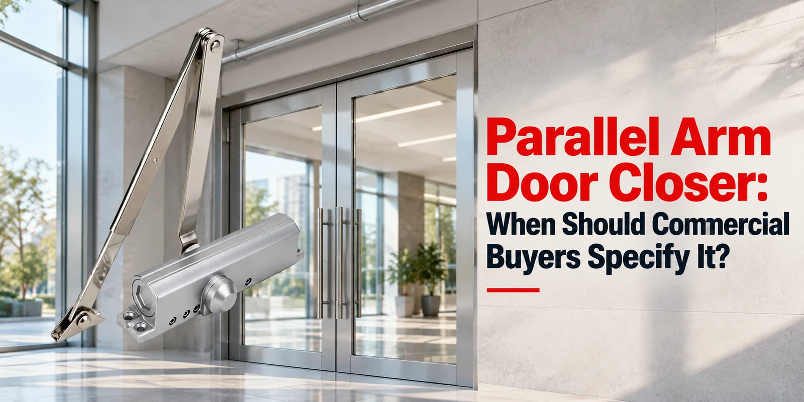 Large silver parallel arm door closer shown in front of glass commercial double doors, with red and black headline text reading Parallel Arm Door Closer: When Should Commercial Buyers Specify It?