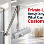 Silver door closer with articulated arm mounted on a gray door, with large red and black text beside it in a bright warehouse setting with stacked boxes.