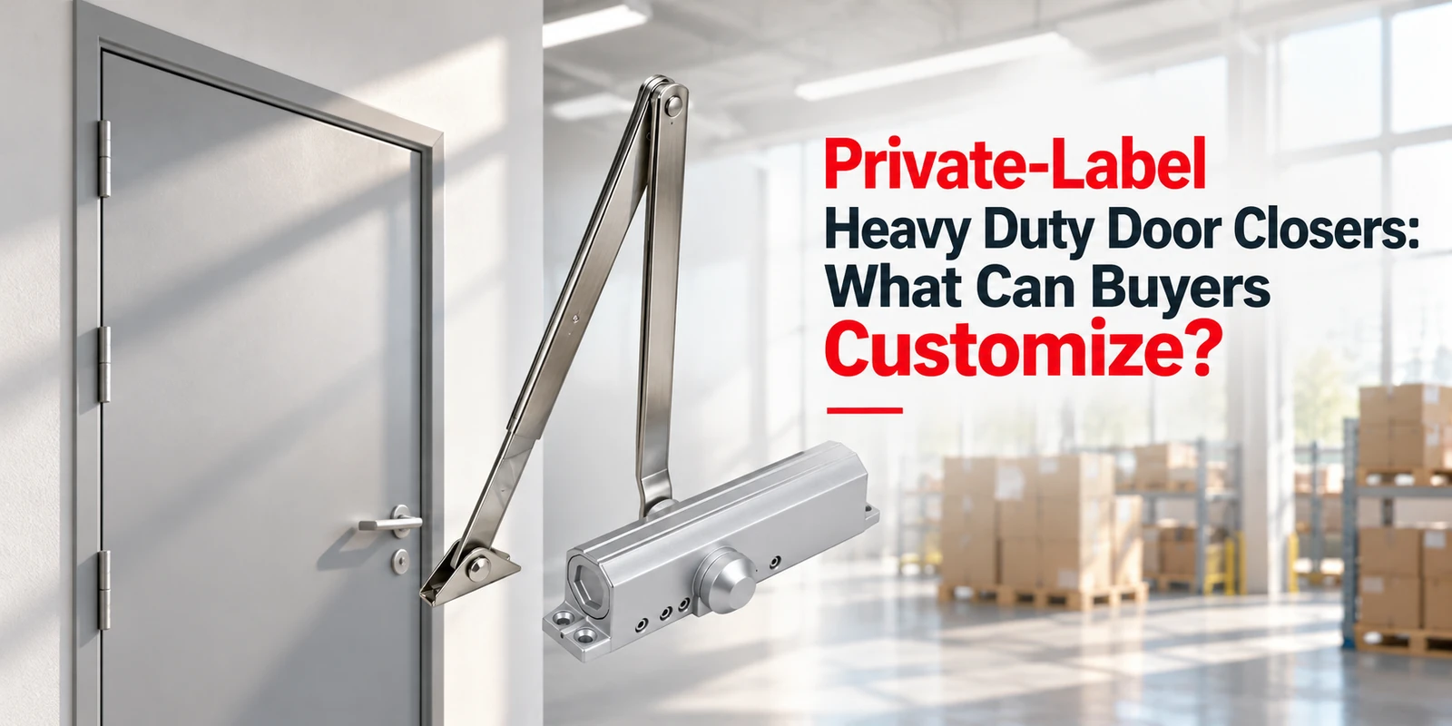 Silver door closer with articulated arm mounted on a gray door, with large red and black text beside it in a bright warehouse setting with stacked boxes.