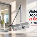 Silver door closer with a slide arm overlaid on a bright office entrance with glass double doors, beside bold text reading Slide Arm Door Closer vs Scissor Arm: A Project Buyer's Guide.