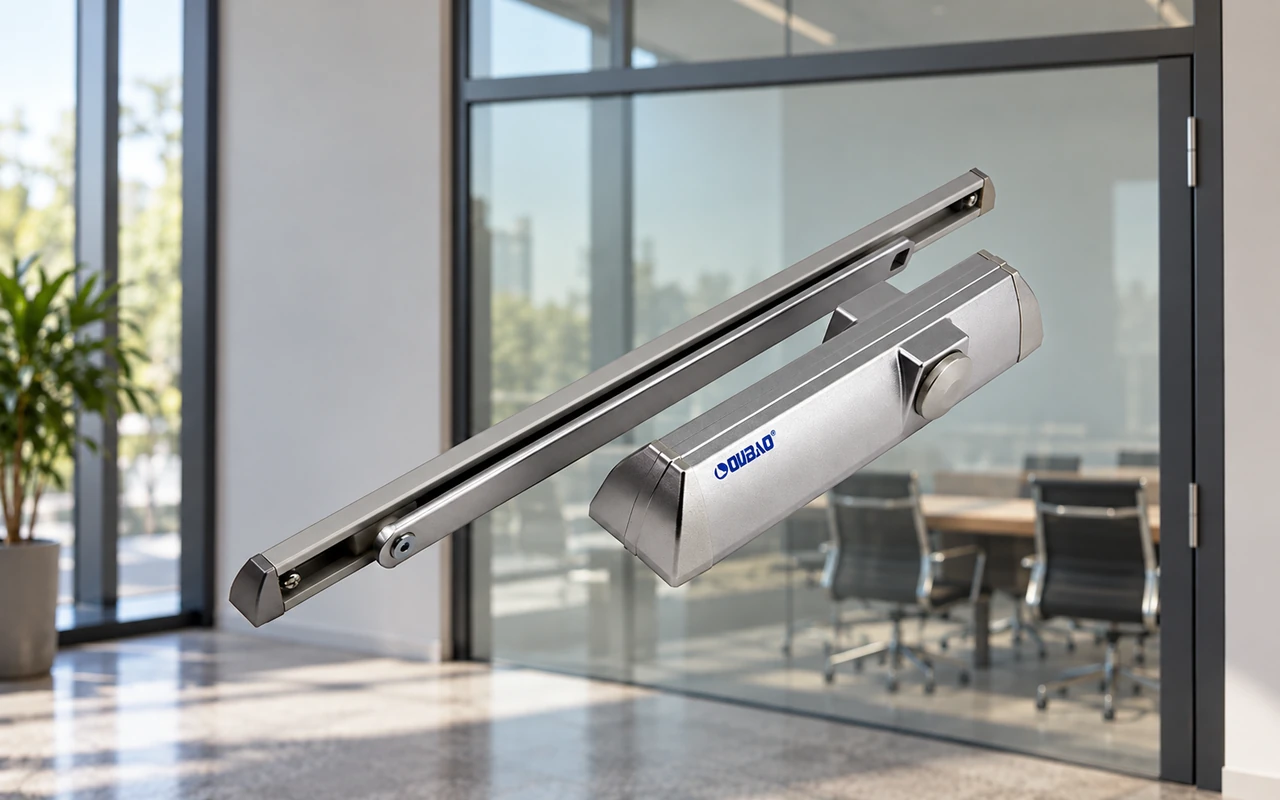 Silver door closer with slide rail and blue DORMAO logo shown in front of a glass office door and conference room.