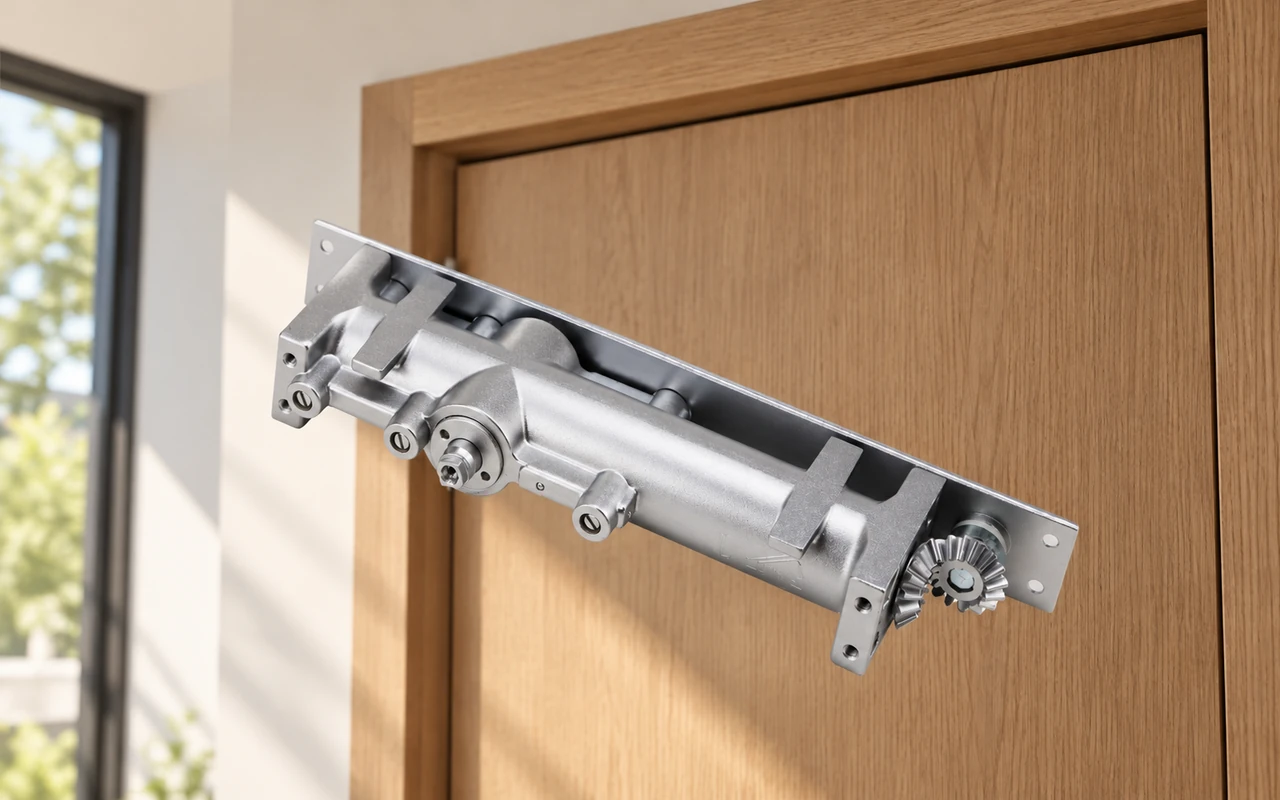 Silver metal concealed door closer mechanism with bevel gears mounted on a light wood door frame near a window, with green trees visible outside.