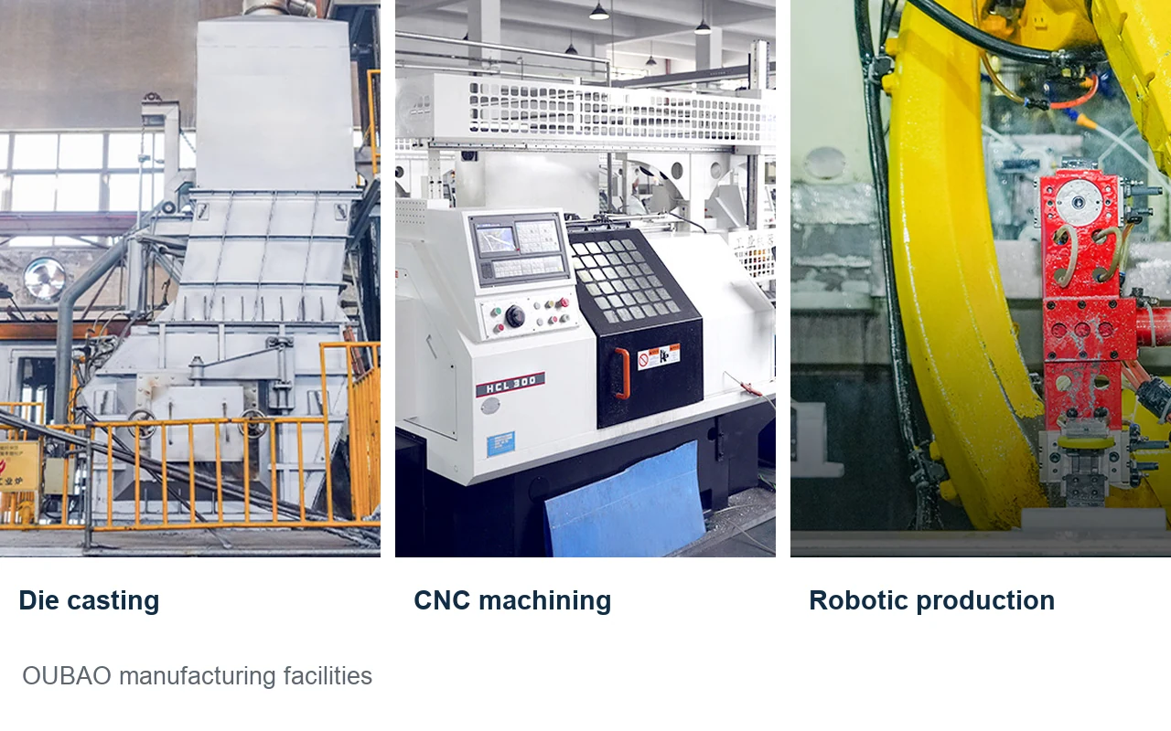Three factory scenes labeled Die casting, CNC machining, and Robotic production, showing industrial machinery and a yellow robotic arm at OUBAO manufacturing facilities.