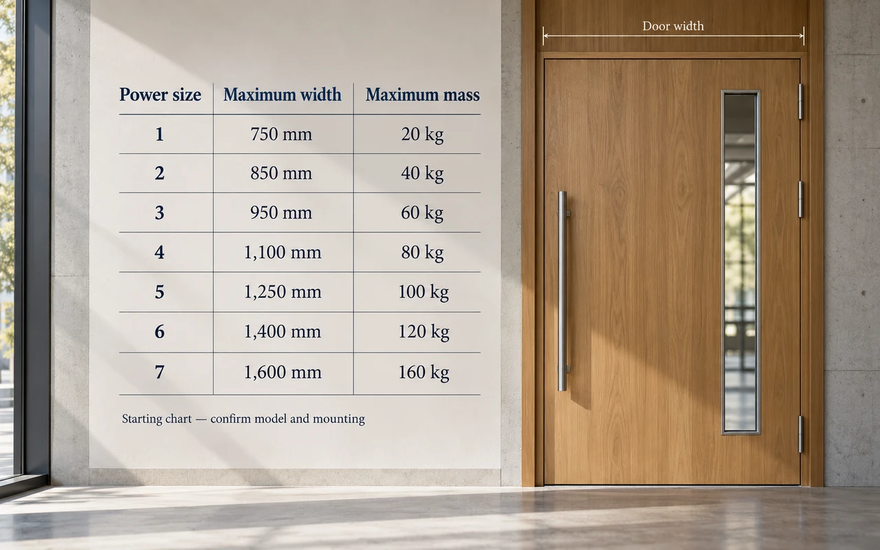 A chart lists door closer power sizes 1-7 with maximum widths and masses beside a wooden door labeled Door width.