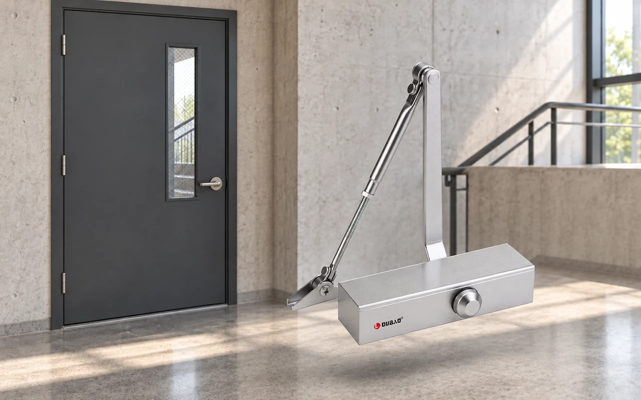 Silver door closer with articulated arm shown in front of a dark gray door with a glass panel and metal handle in a concrete hallway.