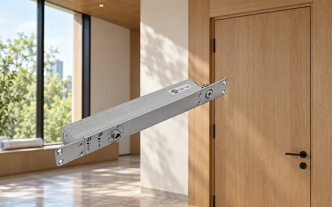 Silver concealed door closer mechanism floating in front of a wooden door and bright window in a modern interior.