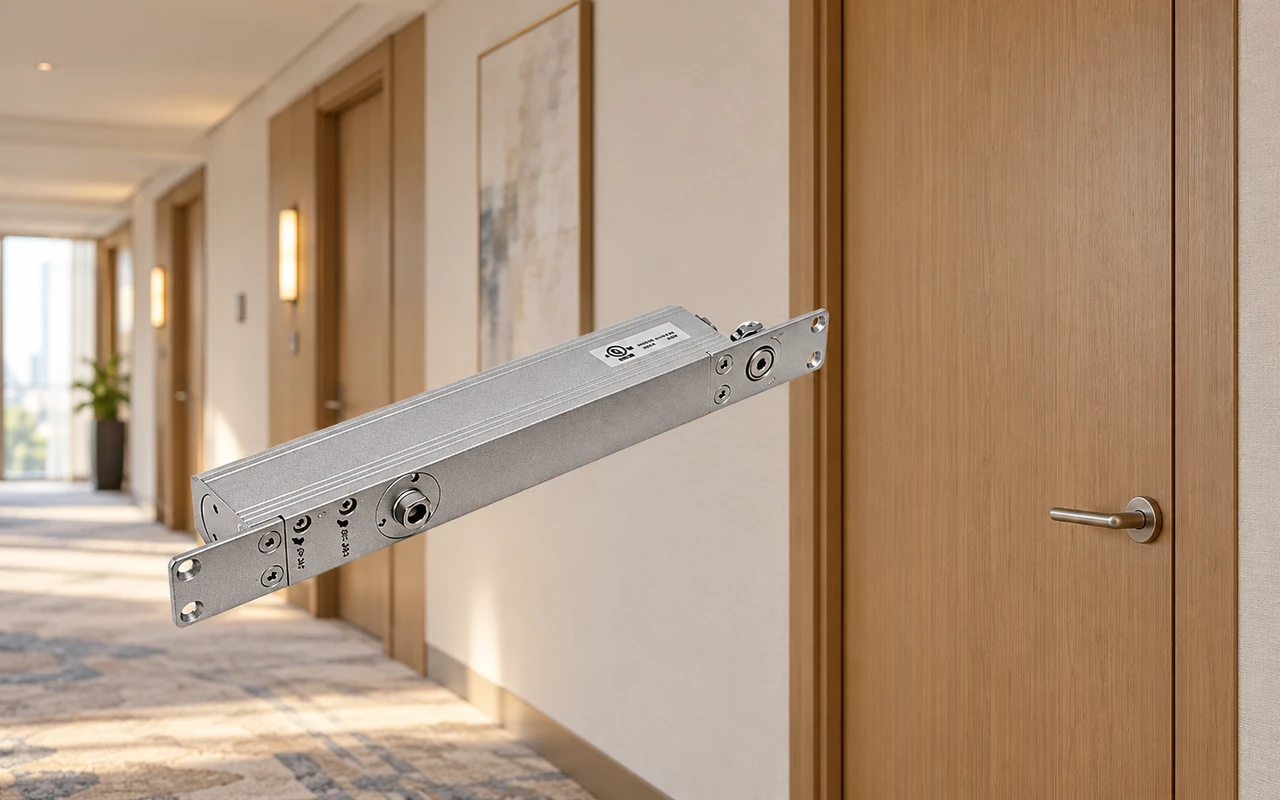 Rectangular silver door closer mechanism floating in front of wooden hotel corridor doors with lever handles and a patterned carpet.