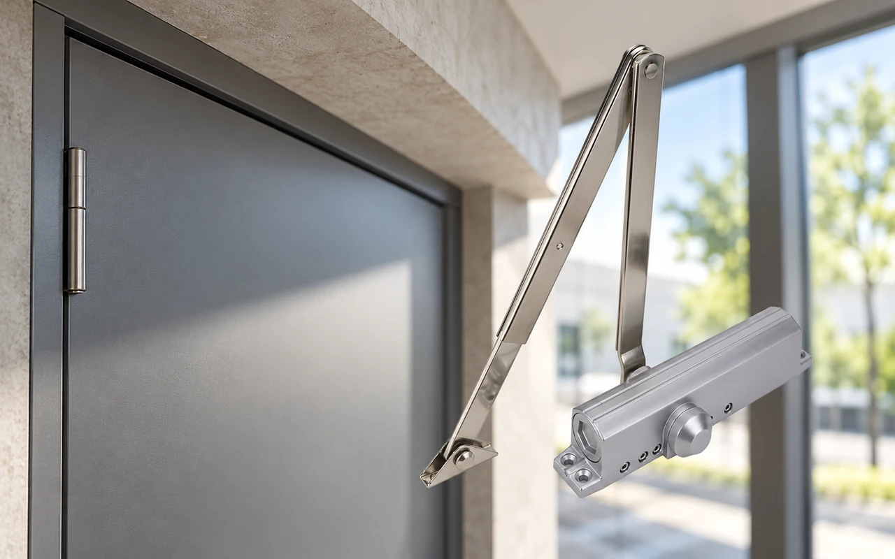 Silver parallel arm door closer with articulated metal arms mounted above a dark gray commercial door next to a large window.