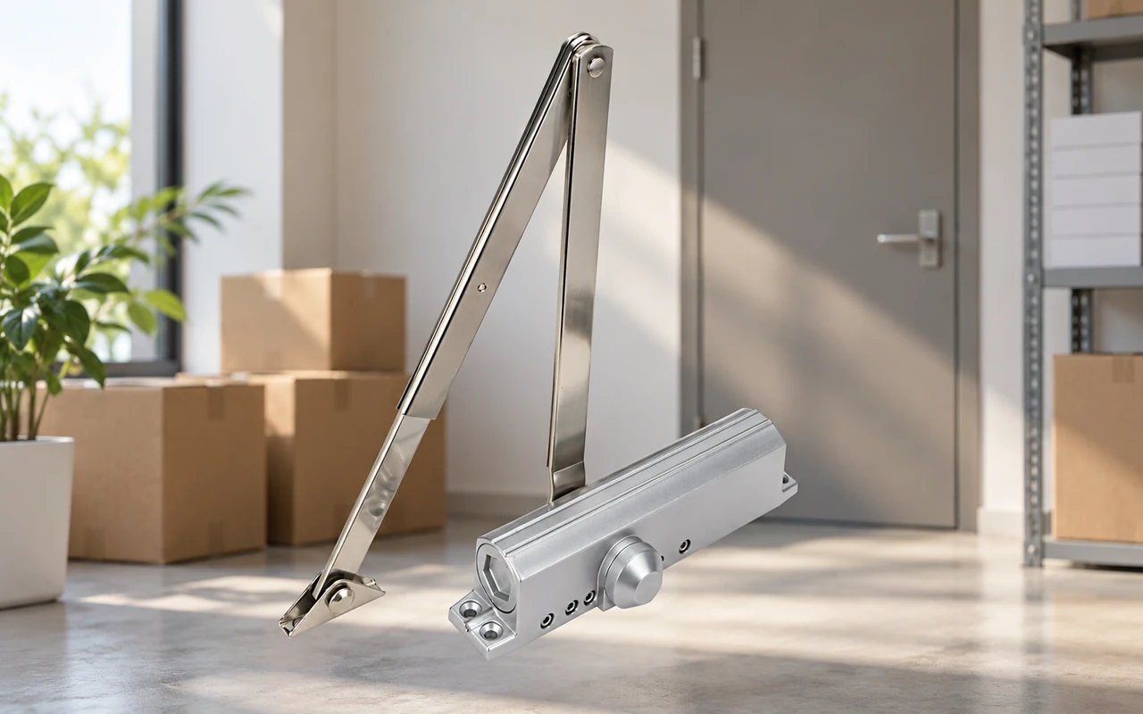 Silver metal door closer with articulated arm floating in a bright room with cardboard boxes, a potted plant, and a gray door.