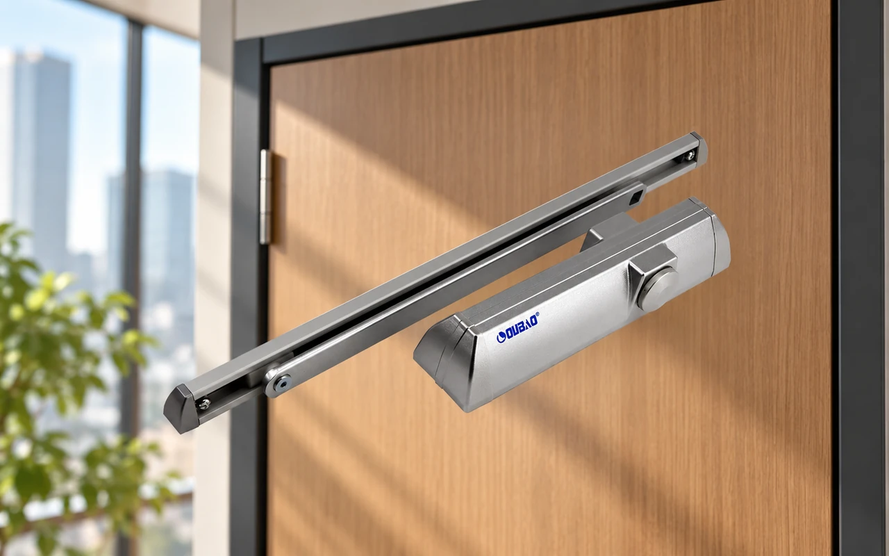 Silver slide arm door closer with a blue Dorren logo mounted on a wood-grain door beside a narrow window with a blurred green plant outside.