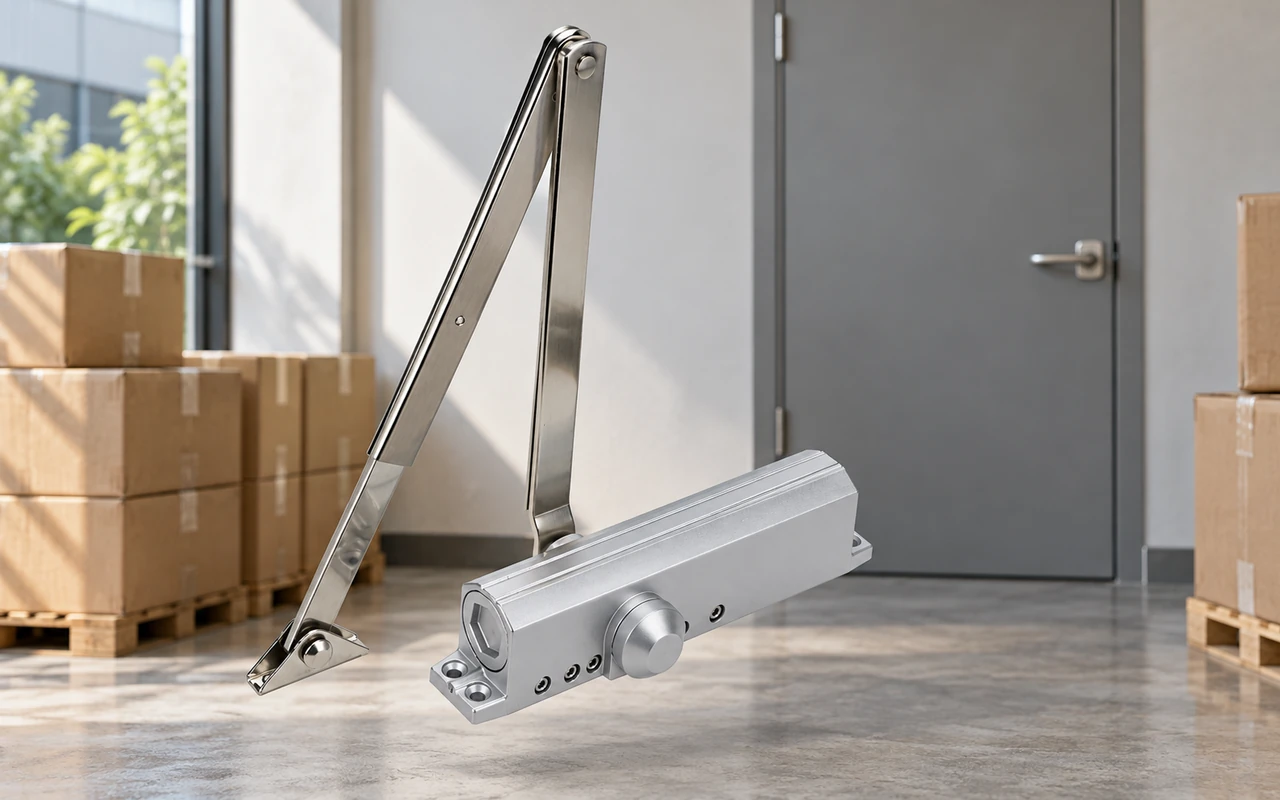Silver door closer with metal arms displayed in a bright room with cardboard boxes on pallets and a gray door in the background.