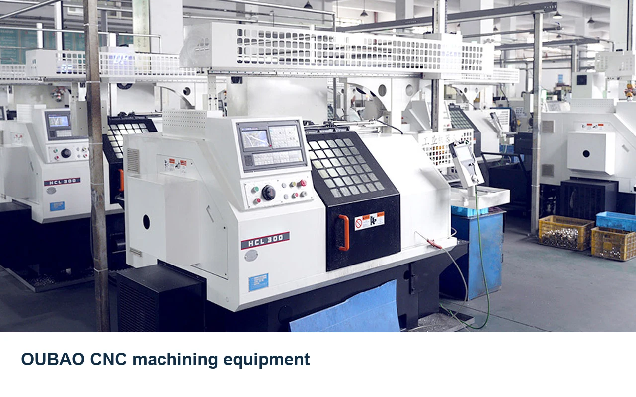 Row of white Oubaos CNC machining centers with control panels in a factory, with a caption reading OUBAO CNC machining equipment.