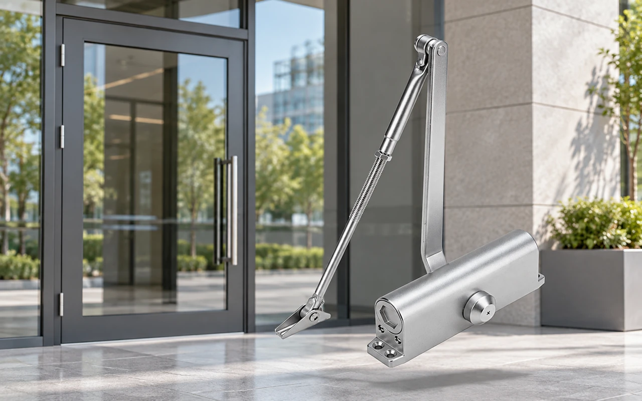 Silver door closer with folding arm and spring linkage shown in front of a glass double door and stone wall.
