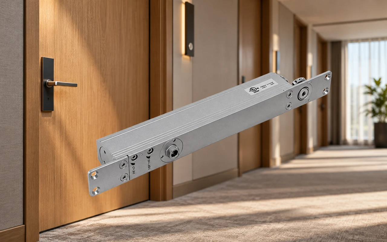 Silver rectangular concealed door closer mechanism floating in front of a wooden door and hallway with carpet.