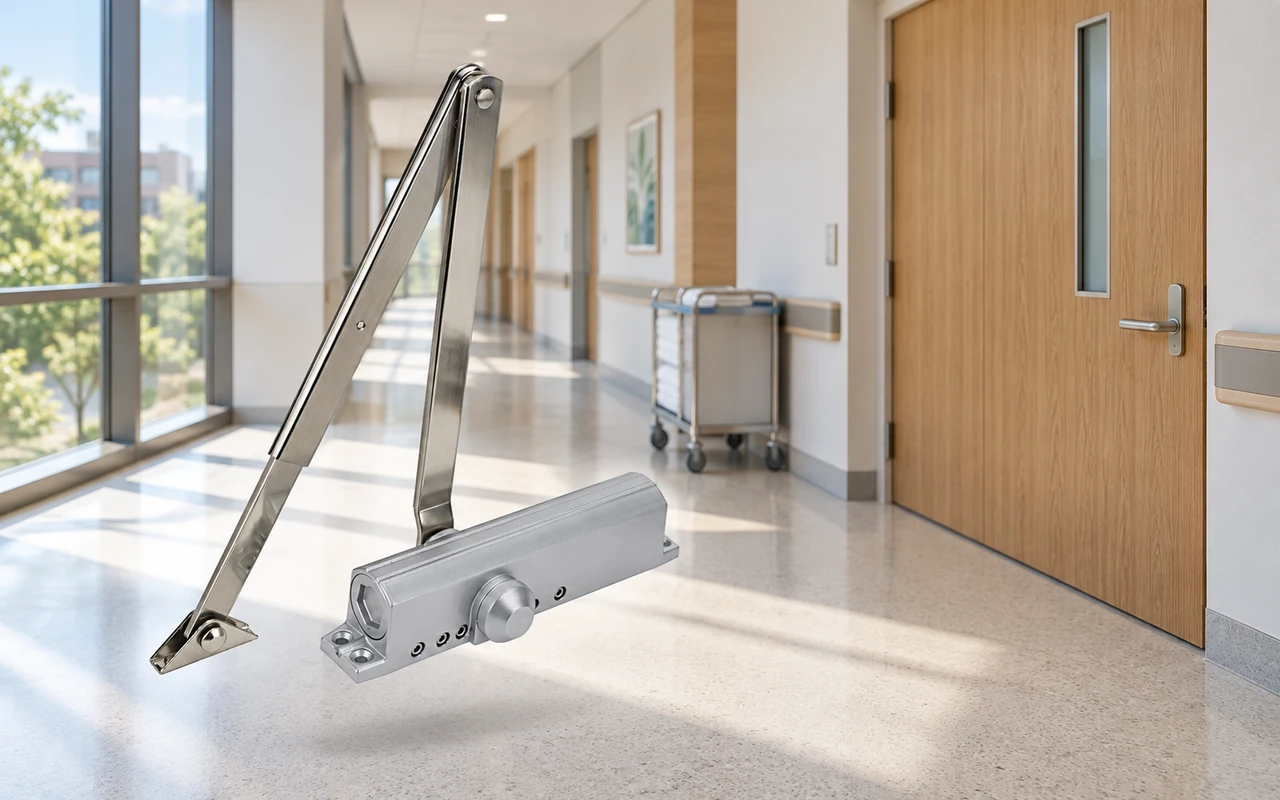 Silver door closer with an articulated arm suspended in a bright hospital hallway with a wooden door, windows, and a rolling cart.
