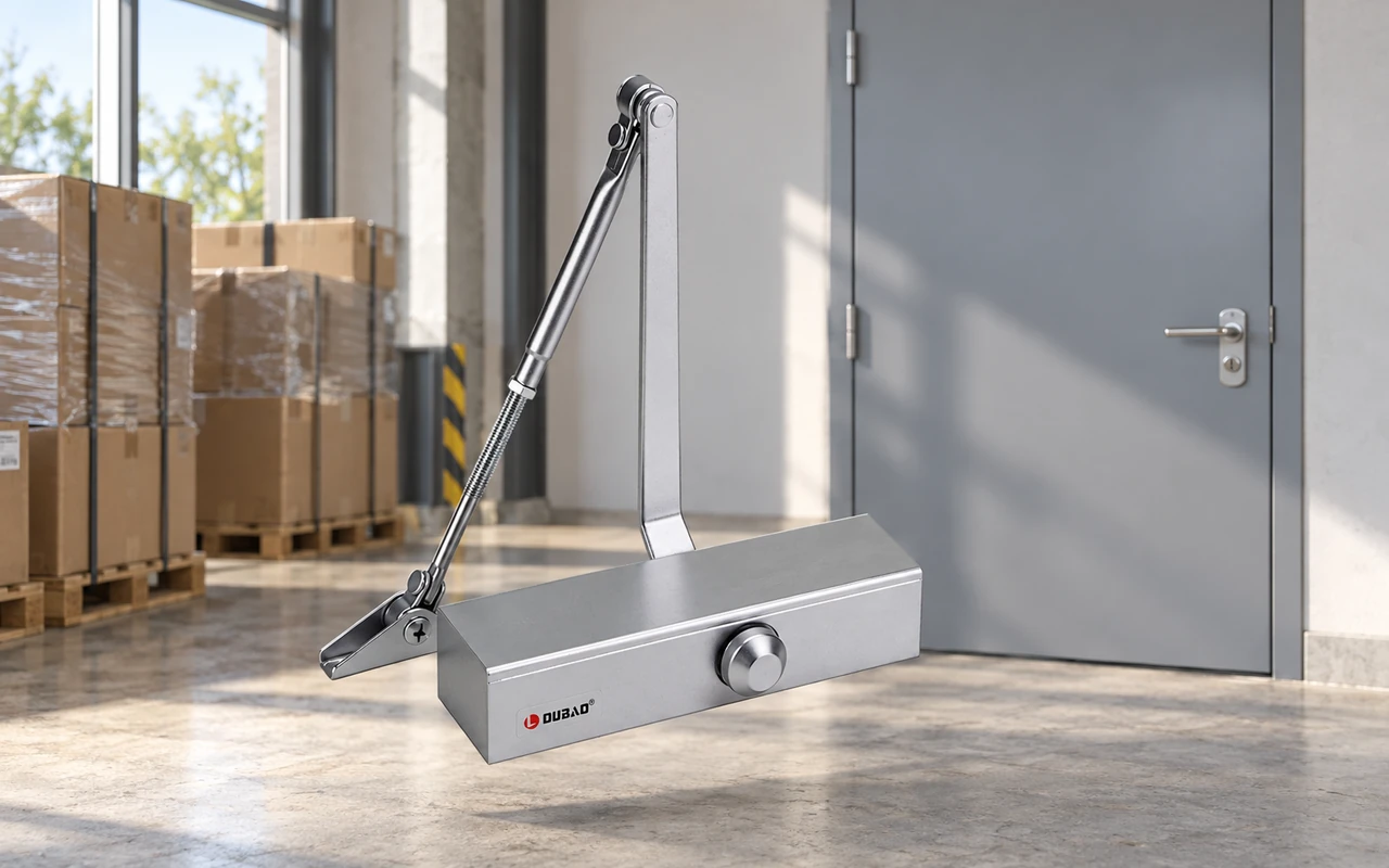 Silver door closer with a folding arm and the DUBAD logo, shown in front of a gray door in a warehouse with stacked cardboard boxes.