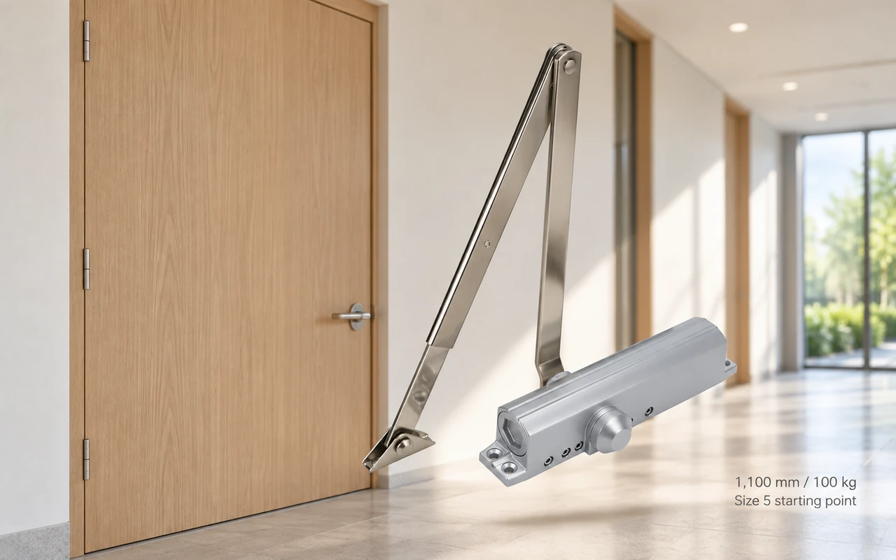 Silver door closer with an articulated arm shown in front of a light wood door and a bright hallway, with text reading 1,100 mm / 100 kg and Size 5 starting point.