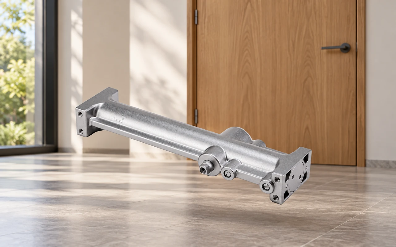 Silver metallic concealed door closer with mounting brackets and bolts, positioned above a tiled floor in a room with a wooden door and tall window.